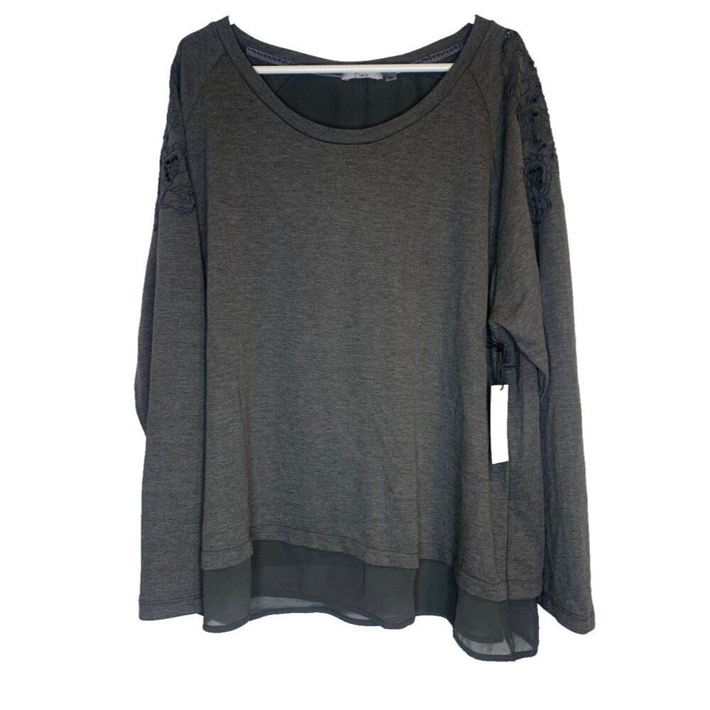 Dex Women's Plus 3X Grey Chiffon Combo Embroidered Sweater Top NEW Boho Casual